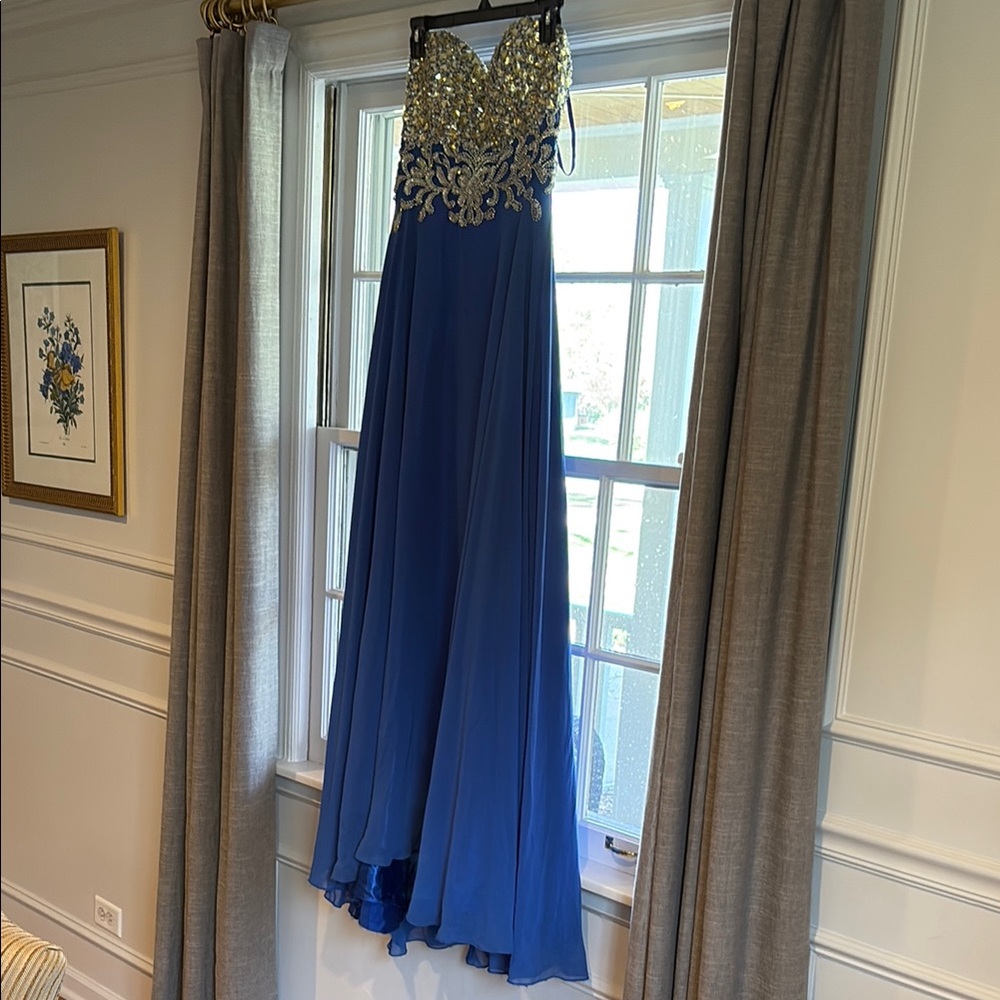 Embellished Blue and Silver Sweetheart Prom Gown